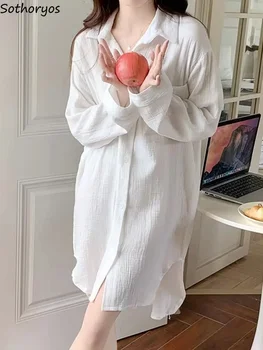  Бели нощници Жени Корейски дълъг ръкав спално облекло Baggy прости основи Turn-down яка дизайн грациозен Mujer Daily удобен