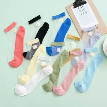 10Pairs лято жена копринени чорапи глезена дантела ултра-тънки момичета прозрачни стъклени влакна мода Дейзи цвете Harajuku сладък стил нов