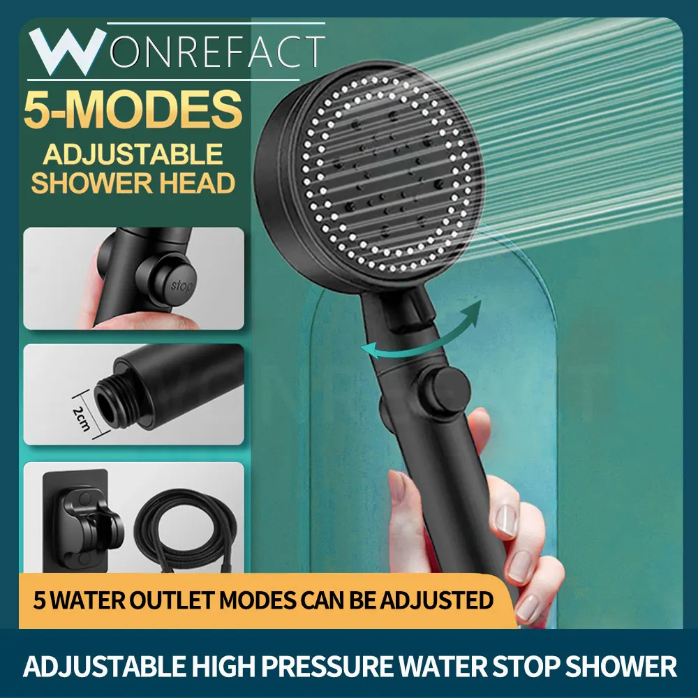 Черна водна пестеща душ глава 5 режима Регулируем душ с високо налягане с един бутон вода стоп масажна душ глава 0