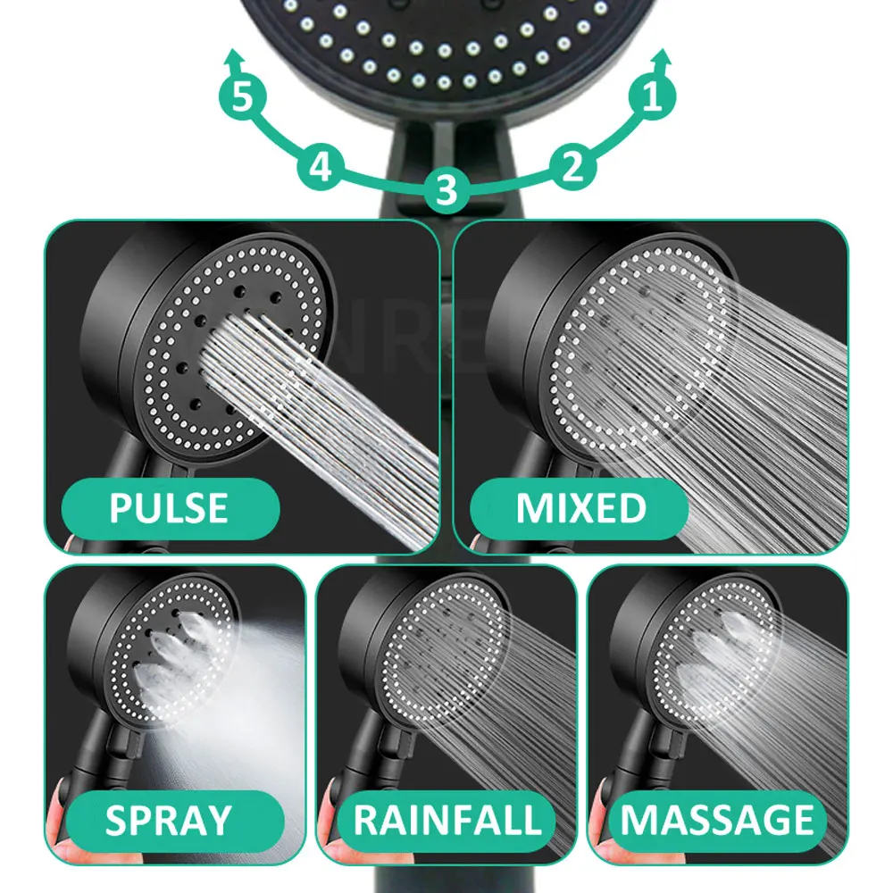 Черна водна пестеща душ глава 5 режима Регулируем душ с високо налягане с един бутон вода стоп масажна душ глава 2