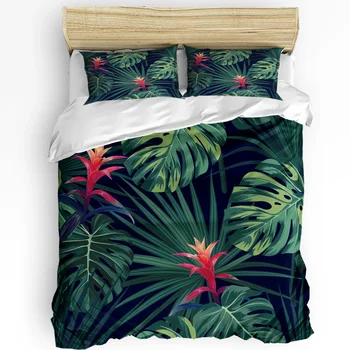 Тропическа джунгла зелени растителни цветя листа 3бр легла комплект за двойно легло домашен текстил пухени покритие юрган покритие калъфка
