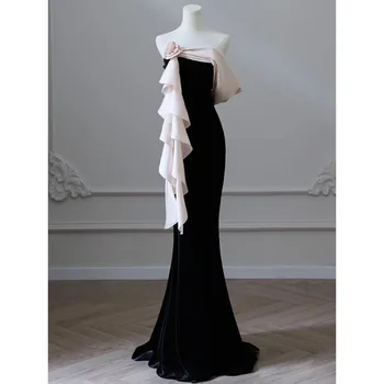 Черно едно рамо тънък талията вечерни рокли цветен дизайн без презрамки тромпет сватбено парти рокля френски дълго бала