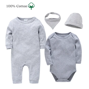 Новородено 1/4 парчета бебешки дрехи комплект сив празен муселин бебе гащеризон + боди + шапка + лигавник дрехи обикновен 100% памук за бебе