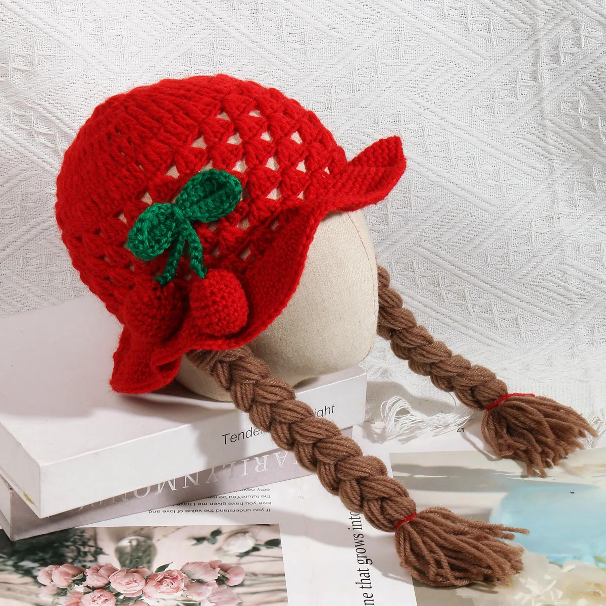 Сладък череша бебе момиче кофа шапка коса плитка плитка перука капачка зима топло плетене на една кука плетени детски шапки и шапки за деца момичета 3