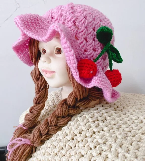 Сладък череша бебе момиче кофа шапка коса плитка плитка перука капачка зима топло плетене на една кука плетени детски шапки и шапки за деца момичета 5