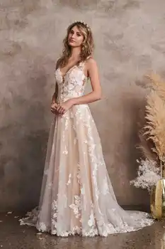 шампанско Boho сватбени рокли A-line V-образно деколте тюл апликации бохемски сватбена рокля булчински рокли Vestidos de novia