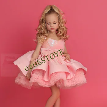 бебе розов глезена дължина пълен ръкав цвете момиче рокли с лък нови пристигнали Baithday поли за принцеса