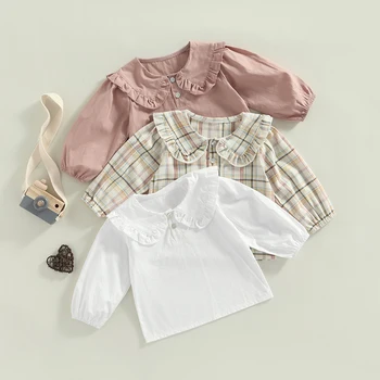 1-5Y Малко дете деца момичета ризи блузи каре/плътен цвят кукла яка дълъг ръкав ризи пролет есен мода случайни върхове