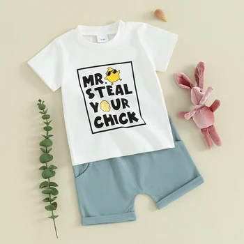 2Pcs бебе момче великденски екипировки къс ръкав пиле писмо печат върховете шорти комплект новородени дрехи
