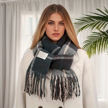 Нов модерен зимен топъл дамски шал дизайн с кариран модел кашмирен шал шал за дебели и дебели мъниста на жените