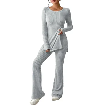 Stripe плета Flare Pant Set Тънък дълъг ръкав пуловер тениски две части комплект за жени твърди прости пуловер костюм У дома